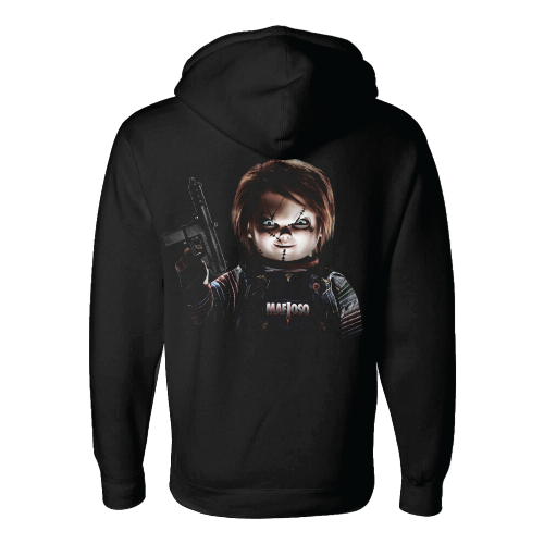 A black hoodie with a graphic print of Chucky from Child's Play holding a gun on the front.
