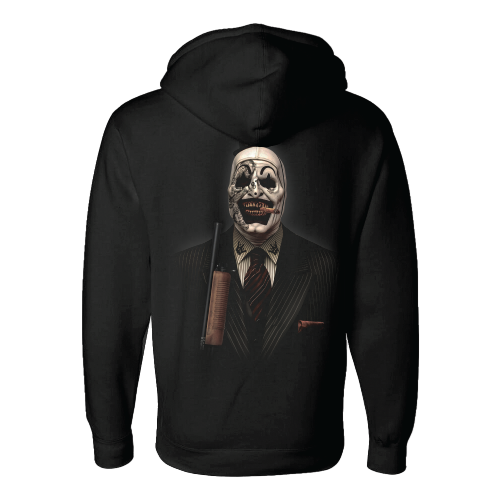 A black hoodie with a graphic print of Two-Face wearing a suit and holding a gun on the front.