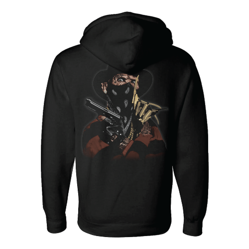 A black hoodie with a graphic print of Freddy Krueger holding a gun on the front.