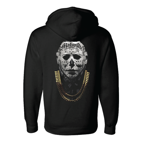 Black hoodie with a graphic print of Michael Myers wearing a chain on the front.