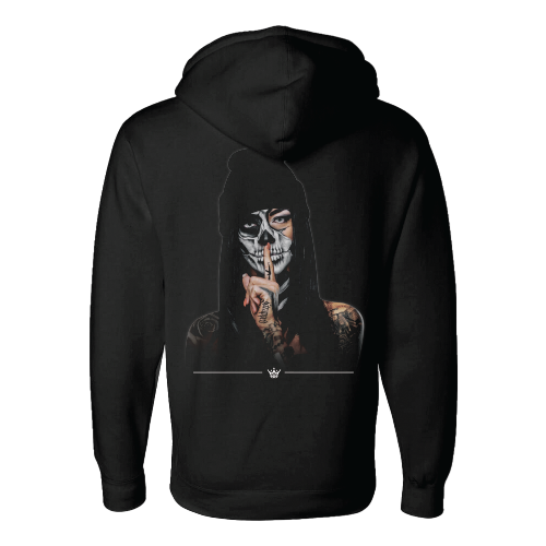 This image features the "SPEAK NO EVIL HOODIE" from Mafioso, a renowned brand for its high-quality streetwear. The hoodie is displayed in a classic black color, showcasing a striking graphic print of a hooded figure with a skull design on the front.