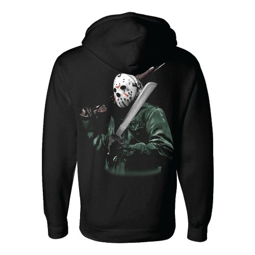 A black hoodie with a graphic print of Jason Voorhees wearing a hockey mask on the back.