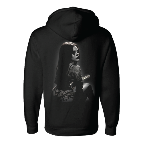 A black hoodie with a graphic print of a tattoo female character on the back.