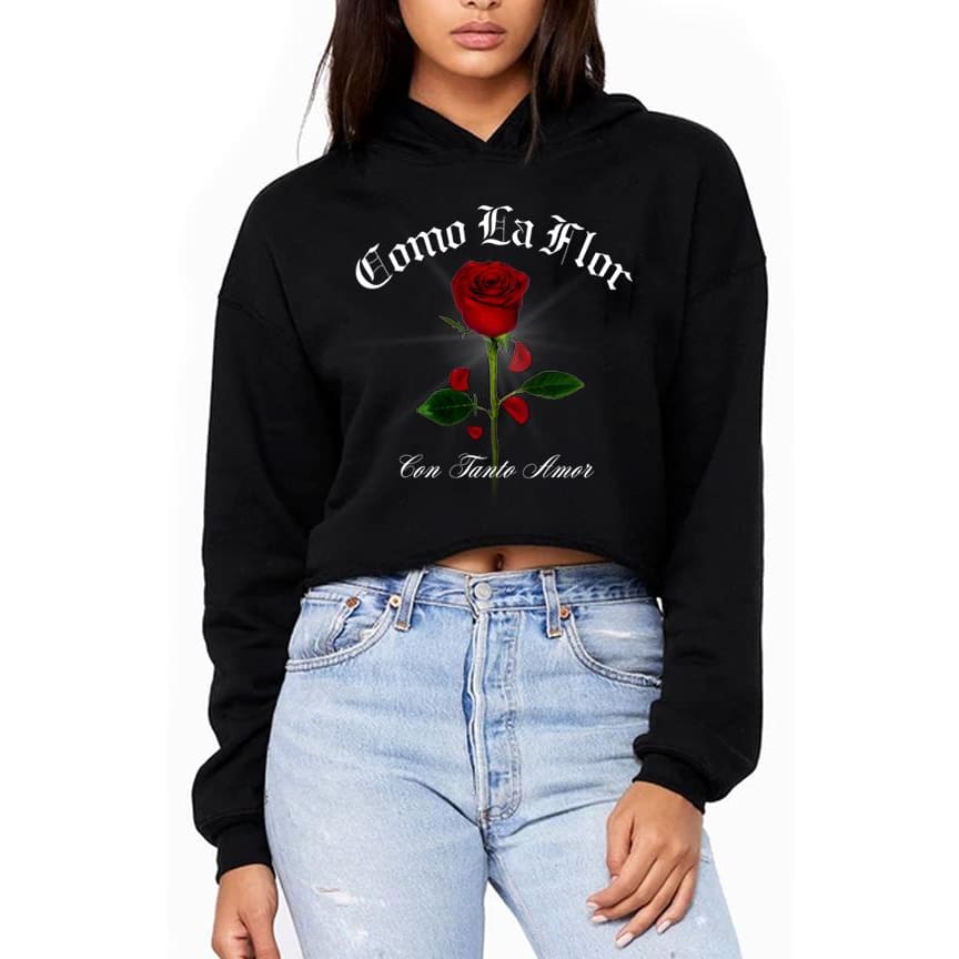 COMO LA FLOR CROP HOODIE - S / Black - Womens T-Shirt