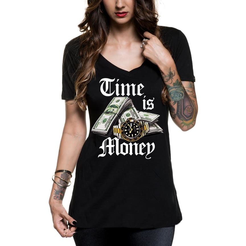 TIME IS MONEY V-NECK - S / Black - Womens T-Shirt