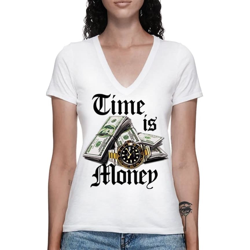 TIME IS MONEY V-NECK - S / White - Womens T-Shirt